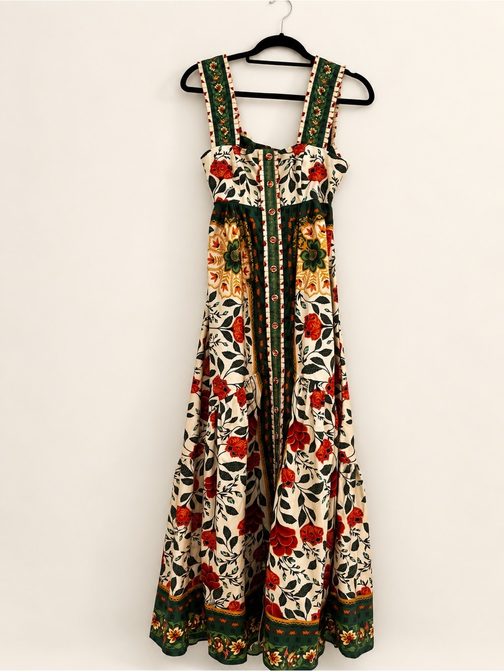 FARM Rio Maxi Dress Cream Green Floral Sand Garden Tapestry Back Bow XS